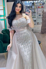 Strapless Beaded Evening Dress Off the Shoulder Formal Dress With Detachable Train