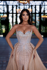 Beaded Evening Dress Sweetheart Chamapgne Panel Train Prom Formal Dress