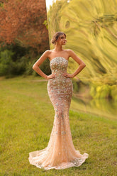 Strapless Prom Dress Mermaid Rhinestones Champagne Evening Dress