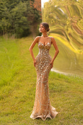 Champagne Prom Dress Spaghetti Straps Rhinestones Mermaid Evening Dress
