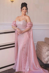 Strapless Evening Dress Pink Sheath/Column Beaded Prom Formal Dress with Sleeve Train