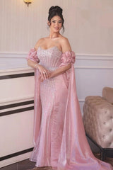 Strapless Evening Dress Pink Sheath/Column Beaded Prom Formal Dress with Sleeve Train