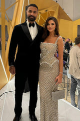 Silver Square Neck Evening Dress Beaded Rhinestones Prom Formal Dress