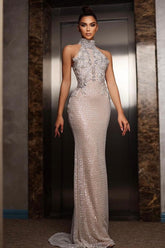 Halter Evening Dress Silver Beaded Sheath/Column Formal Dress