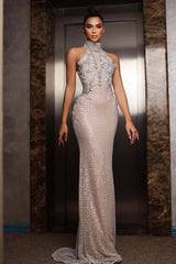 Halter Evening Dress Silver Beaded Sheath/Column Formal Dress