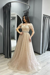 A Line Evening Dress Off the Shoulder Beaded Prom Formal Dress