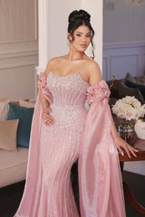 Strapless Evening Dress Pink Sheath/Column Beaded Prom Formal Dress with Sleeve Train