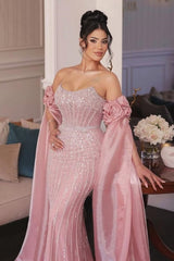 Strapless Evening Dress Pink Sheath/Column Beaded Prom Formal Dress with Sleeve Train