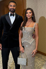 Silver Square Neck Evening Dress Beaded Rhinestones Prom Formal Dress