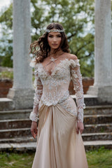 Long Sleeve Evening Dress Off The Shoulder Formal Dress with 3D Flowers