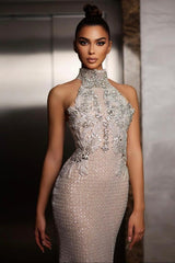 Halter Evening Dress Silver Beaded Sheath/Column Formal Dress