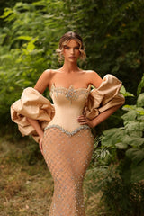 Strapless Evening Dress Mermaid Beaded Formal Dress with Sleeves