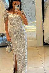 Beaded Evening Dress Sheath/Column Cap Sleeve Formal Dress