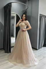 A Line Evening Dress Off the Shoulder Beaded Prom Formal Dress