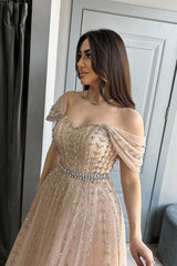 A Line Evening Dress Off the Shoulder Beaded Prom Formal Dress