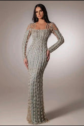 Silver Long Sleeve Evening Dress Beaded Rhinestones Prom Formal Dress