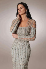 Silver Long Sleeve Evening Dress Beaded Rhinestones Prom Formal Dress