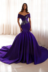 Purple Off The Shoulder Evening Dress Satin Mermaid Prom Dress with Rhinestones