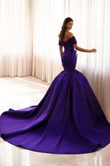 Purple Off The Shoulder Evening Dress Satin Mermaid Prom Dress with Rhinestones