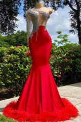 Mermaid Asymmetrical Appliques Lace Sequined Open Back One Shoulder Floor Length Sleeveless Prom Dress With Feather