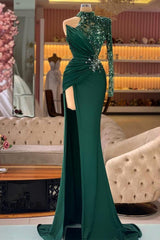 Mermaid Asymmetrical One Shoulder Sequined Floor Length Long Sleeve Lace Applique Prom Dress