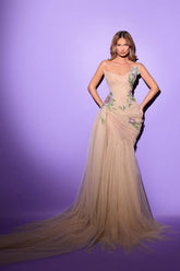 Champagne Tulle Evening Dress Strapless Mermaid Embroidered Prom Dress with Rhinestones