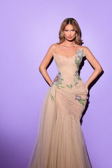 Champagne Tulle Evening Dress Strapless Mermaid Embroidered Prom Dress with Rhinestones