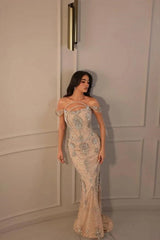 Off The Shoulder Evening Dress Beaded Tulle Sheath/Column Prom Dress