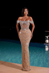 Champagne Evening Dress Off the Shoulder Tulle Corset Prom Dress with Rhinestones