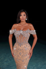 Champagne Evening Dress Off the Shoulder Tulle Corset Prom Dress with Rhinestones