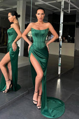 Mermaid Strapless High Split Floor Length Sleeveless Open Back Prom Dress