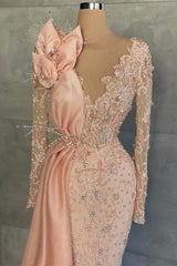 Mermaid V Neck Beading Sequined Floor Length Long Sleeve Appliques Lace Flower Prom Dress