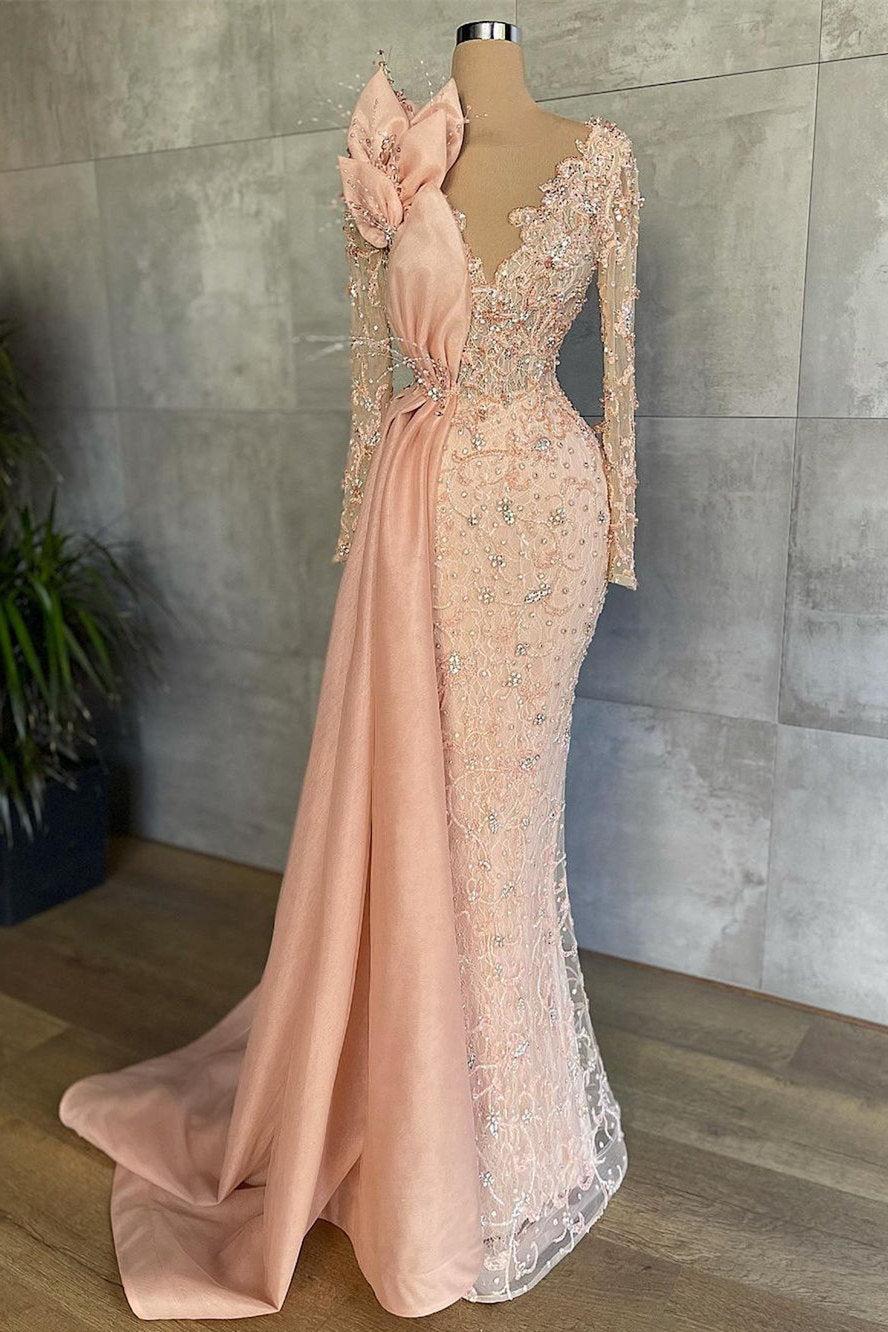 Mermaid V Neck Beading Sequined Floor Length Long Sleeve Appliques Lace Flower Prom Dress