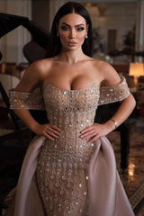 Strapless Evening Dress Beaded Tulle Organza Prom Dress with Panel Train