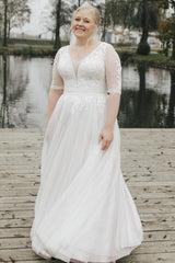 Dreamyannie Plus Size Beach Wedding Dress Half Sleeve A Line Lace Bridal Gown