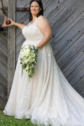 Dreamyannie Plus Size Wedding Dresses V Neck A Line Tulle Lace Bridal Gowns