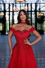 Red Prom Dress A Line Beaded Off the Shoulder Evening Dress with Neck Train