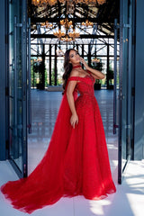 Red Prom Dress A Line Beaded Off the Shoulder Evening Dress with Neck Train