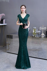 Shining Sequined Emerald Green Mermaid Cap Sleeve Long Prom Party Gowns