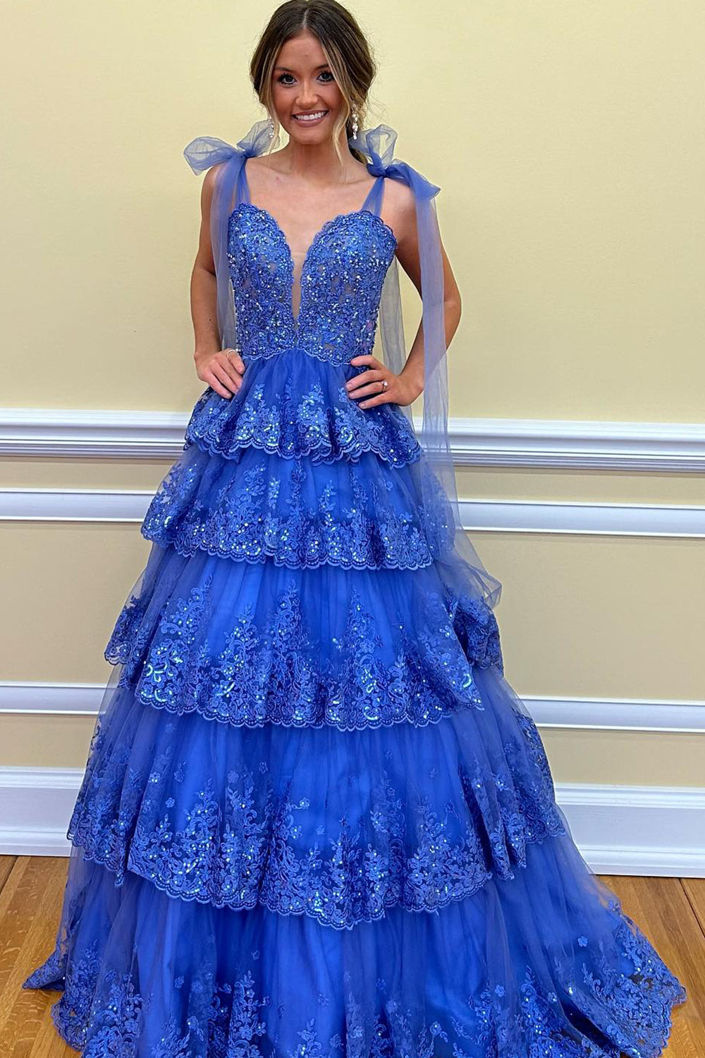 Dark Blue Ruffled Tiered Lace A-Line Long Prom Dress