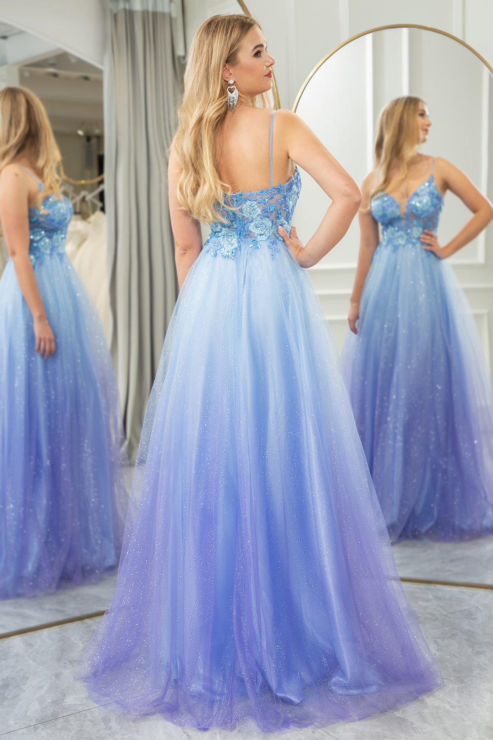 Glitter A Line Tulle Long Prom Dress With Appliques