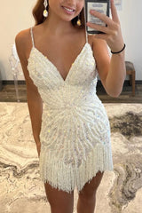 White Sequin Sheath Spaghetti Strap Short Homecoming Dress with Tassels