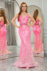 Sparkly Fuchsia Mermaid Backless Long Prom Dress