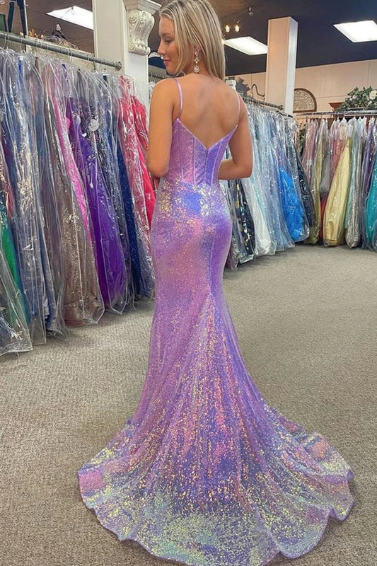 Purple Sequin Prom Dress Long Mermaid Corset Evening Dress