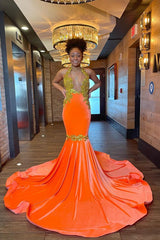 Sleeveless Orange Mermaid Evening Dress with Halter and Appliques