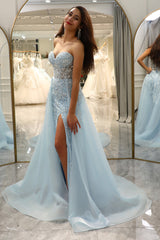 Sparkly Light Blue A Line Long Corset Prom Dress With Slit