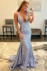 Sparkly Blue Mermaid Deep V Neck Long Prom Dress with Sequins