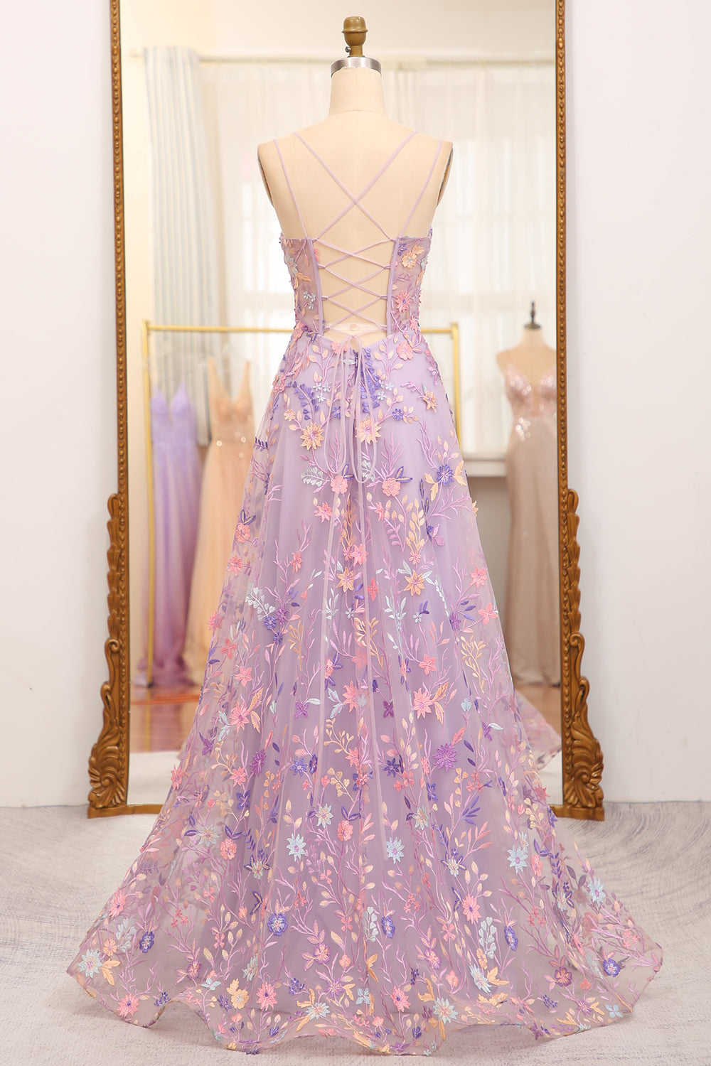 Mauve A Line Tulle Appliqued Long Prom Dress With Slit