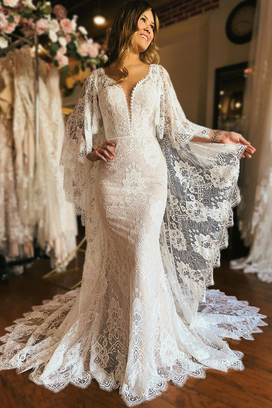 Dramatic Ivory Long Sleeve Cape Lace Mermaid Wedding Dress with Appliques