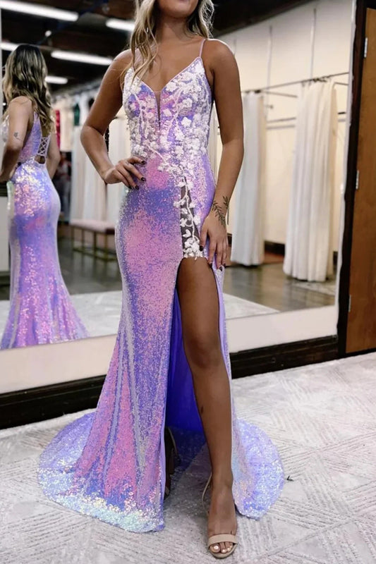 Sparkly Purple Lace-Up Back Mermaid Sequins Long Prom Dress with Slit